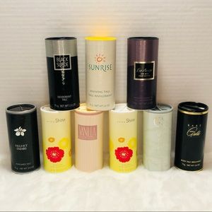 Lot of 9 new unopened Avon body powders, various scents.